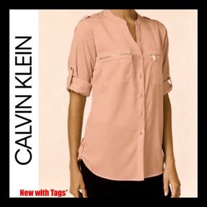 NWT Calvin Klein Zip Pocket Utility Blouse Top LG